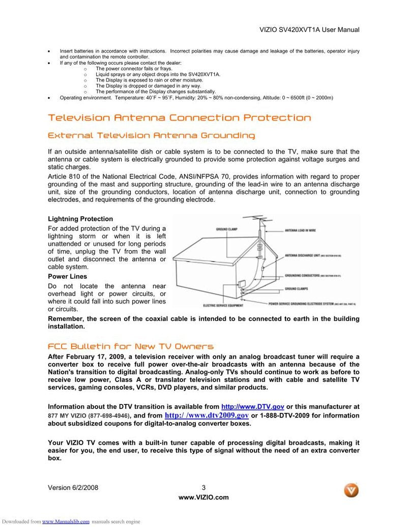 Vizio SV420XVT1A TV Operating Manual