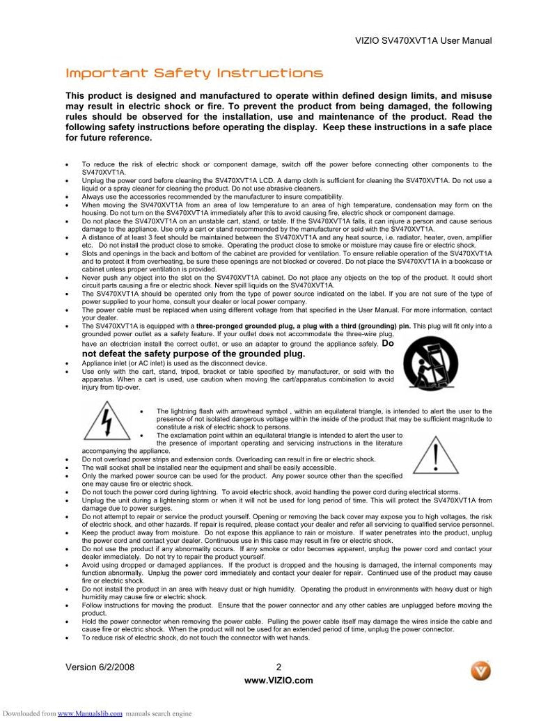 Vizio SV470XVT TV Operating Manual
