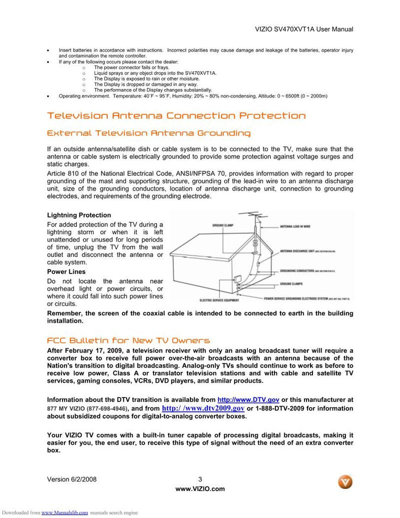Vizio SV470XVT TV Operating Manual