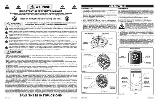 Lasko T42905 OSCILLATING TOWER Upright Fan Operating Manual