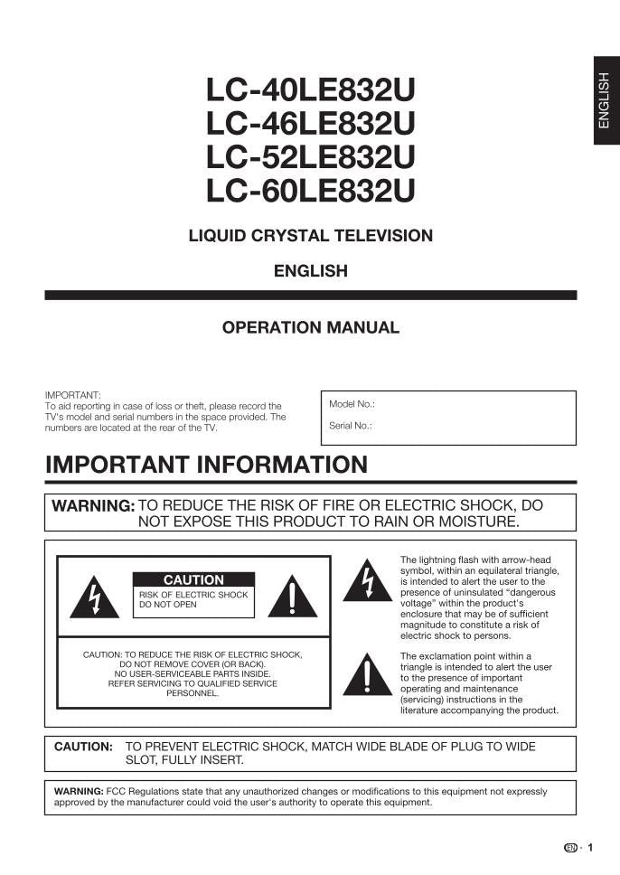 Sharp LC-52LE832U LC40LE832U LC46LE832U TV Operating Manual