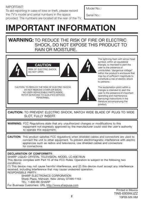 Sharp LC60E78UN TV Operating Manual