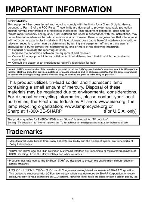 Sharp LC60E78UN TV Operating Manual