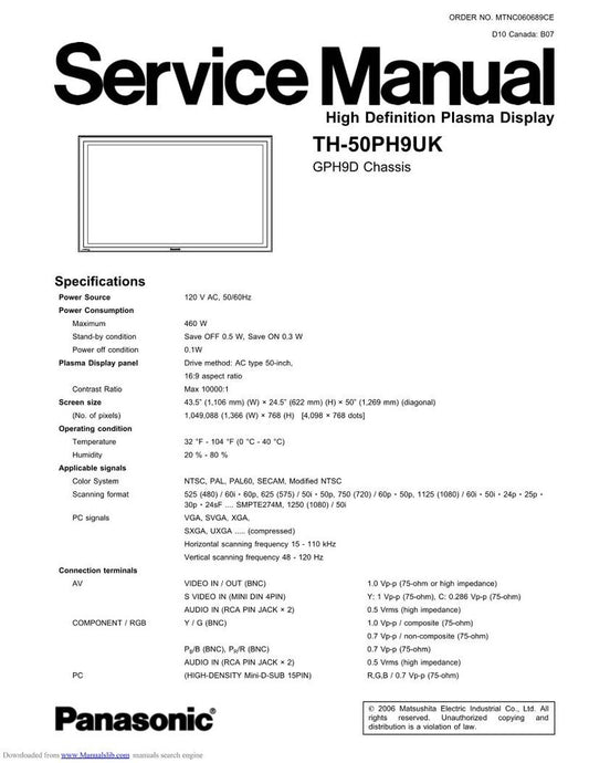 Panasonic TH50PH9UK TV Operating Manual