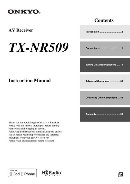 Onkyo TX-NR509 Audio/Video Receiver Operating Manual