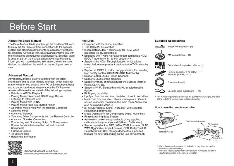 Onkyo TXNR838 Audio/Video Receiver Operating Manual