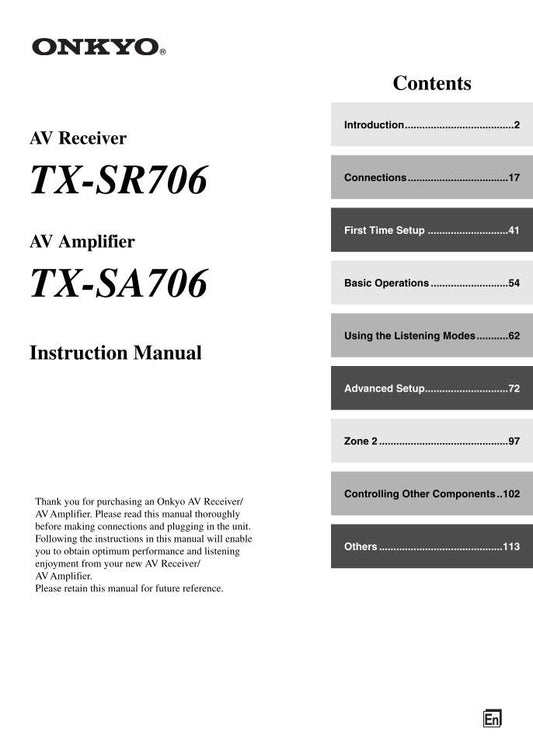 Onkyo TXSR706 Audio/Video Receiver Operating Manual