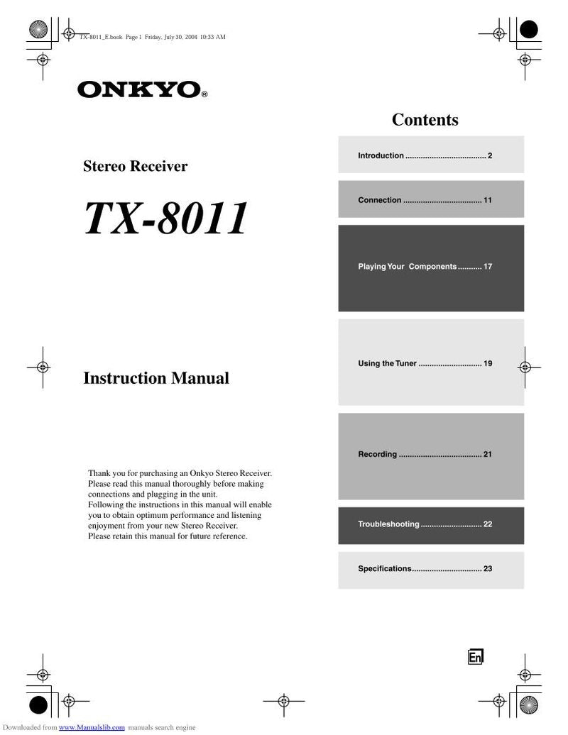 Onkyo TX8011 Audio/Video Receiver Operating Manual