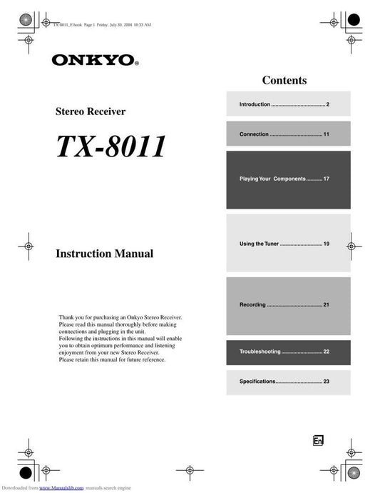 Onkyo TX8011 Audio/Video Receiver Operating Manual