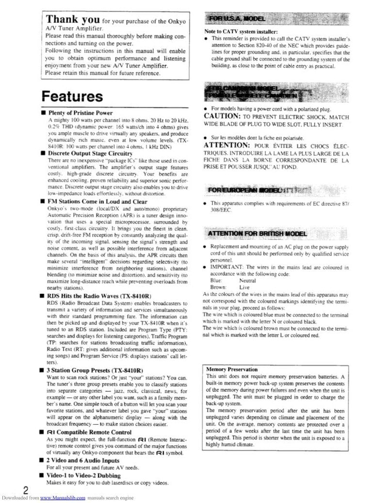 Onkyo TX8410 Audio/Video Receiver Operating Manual