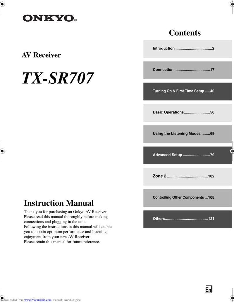 Onkyo ONKYO TXSR707 AUDIO/VIDEO RECEIVER Audio/Video Receiver Operating Manual