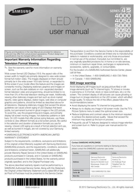 Samsung UN32EH5000FXZA TV Operating Manual