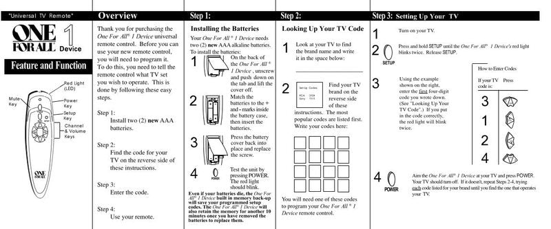 One For All URC1030B02 URC1030B03 URC1030B04 Universal Remote Control Operating Manual