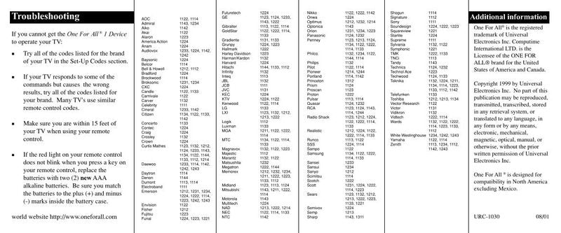 One For All URC1030B02 URC1030B03 URC1030B04 Universal Remote Control Operating Manual