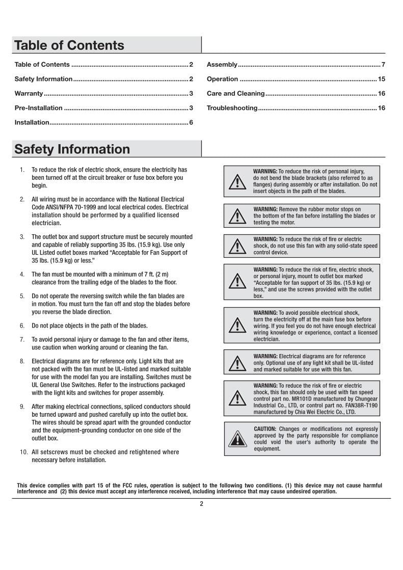 Hampton Bay 52BVD Ceiling Fan Operating Manual