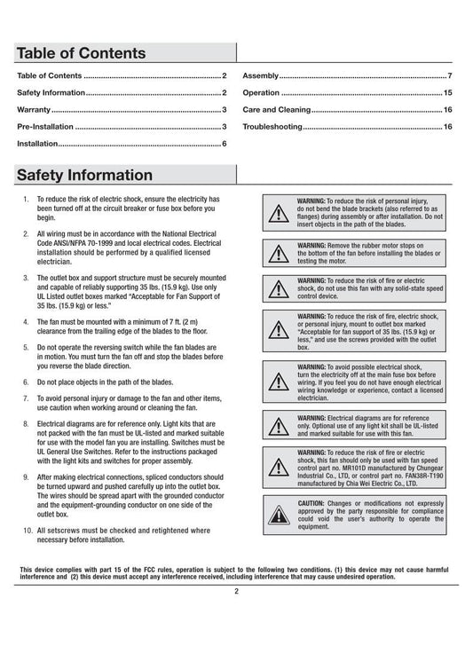 Hampton Bay 52BVD Ceiling Fan Operating Manual