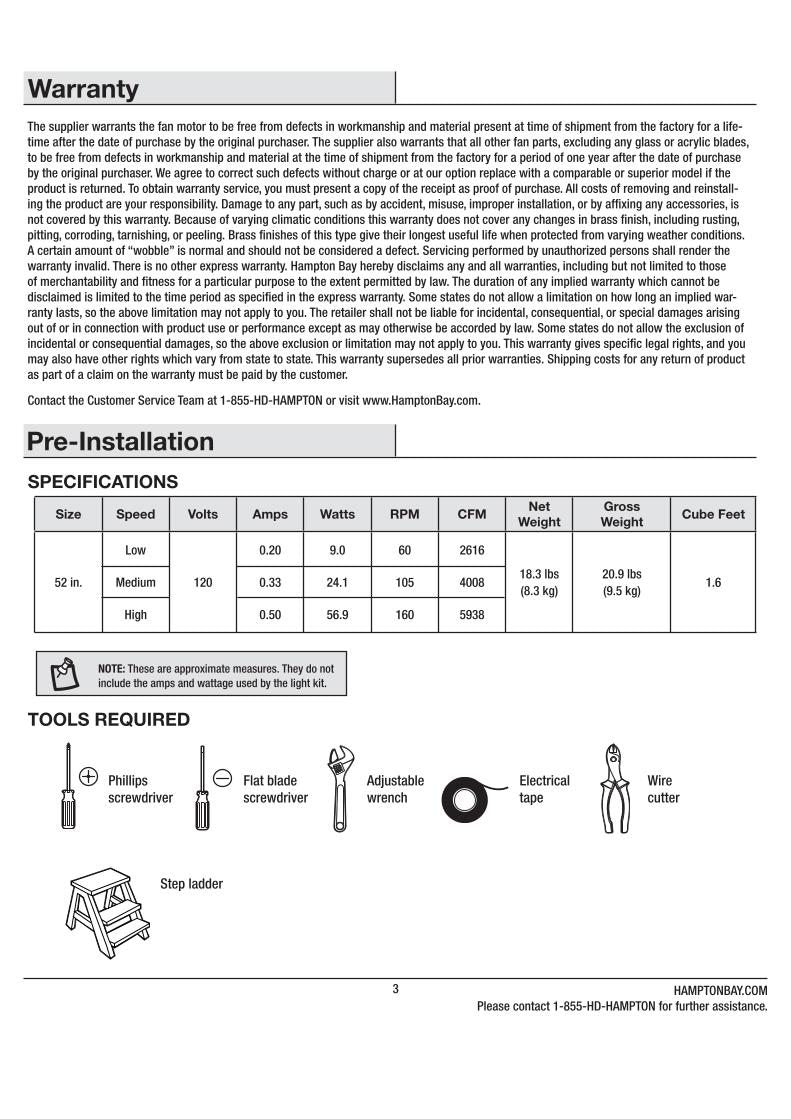 Hampton Bay 52BVD Ceiling Fan Operating Manual