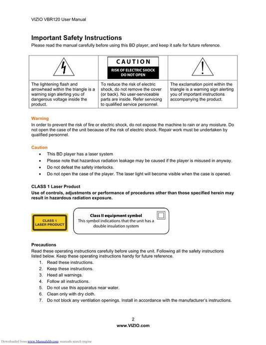 Vizio VBR120 Blu-Ray DVD Player Operating Manual