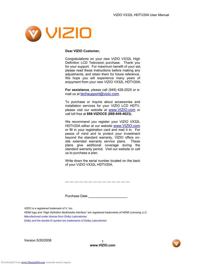 Vizio VX32LHDTV TV Operating Manual