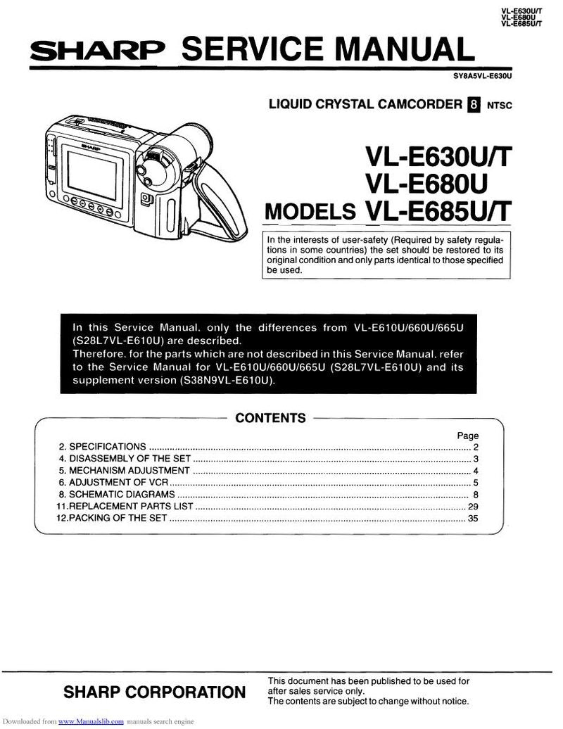 Sharp VLE630U/T VLE680U VLE685U/T Camcorder Digital Camera Service Manual