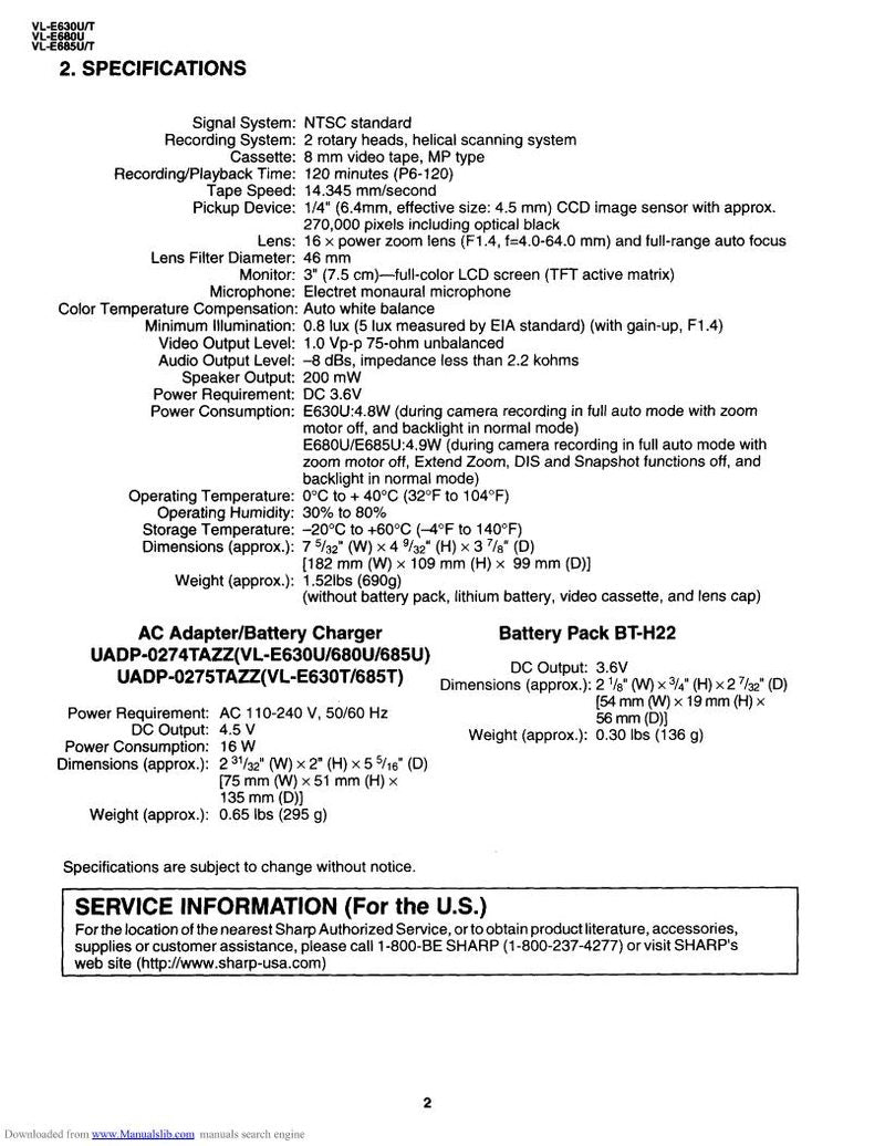 Sharp VLE630U/T VLE680U VLE685U/T Camcorder Digital Camera Service Manual