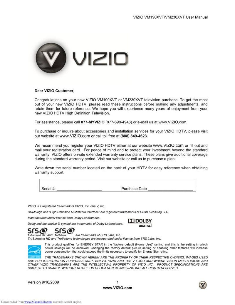 Vizio VM190XVT VM230XVT TV Operating Manual