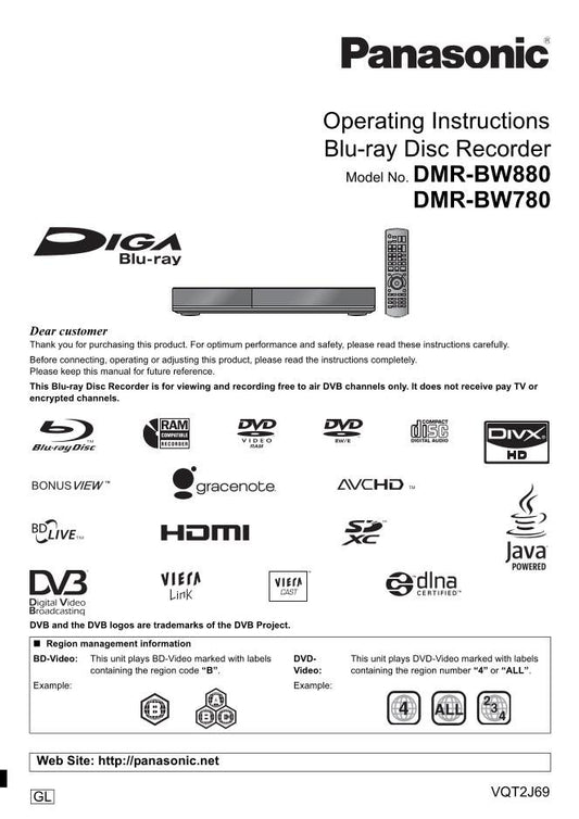 Panasonic DMRBW880GL Blu-Ray DVD Player Operating Manual