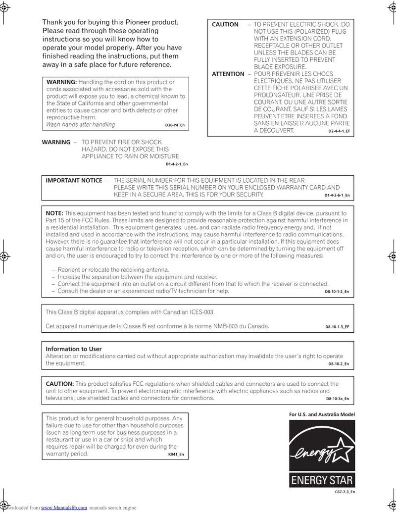 Pioneer VSX52 Audio/Video Receiver Operating Manual