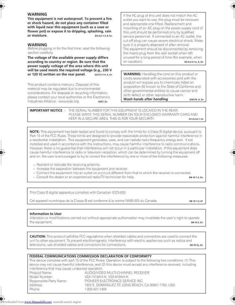 Pioneer VSX1019 AHK Audio/Video Receiver Operating Manual