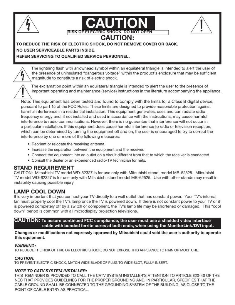 Mitsubishi WD52327 WD62327 TV Operating Manual