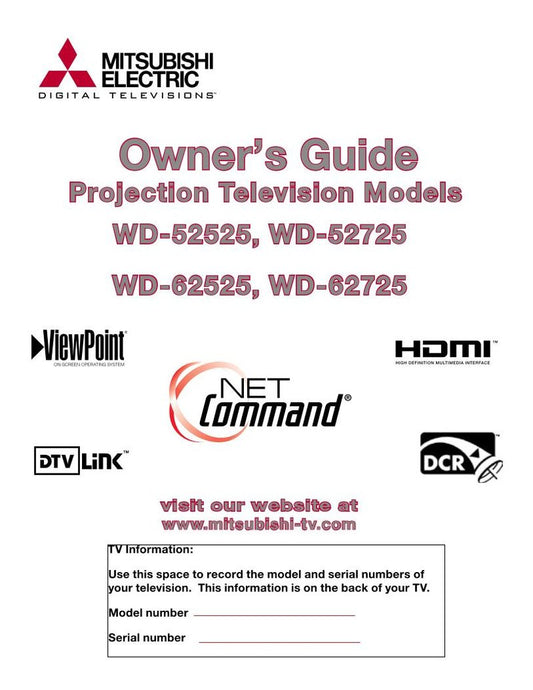 Mitsubishi WD52525 WD52725 WD62525 TV Operating Manual