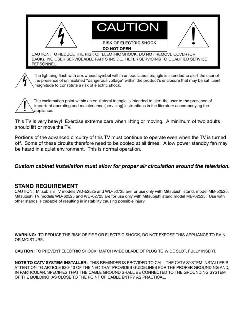 Mitsubishi WD52525 WD52725 WD62525 TV Operating Manual