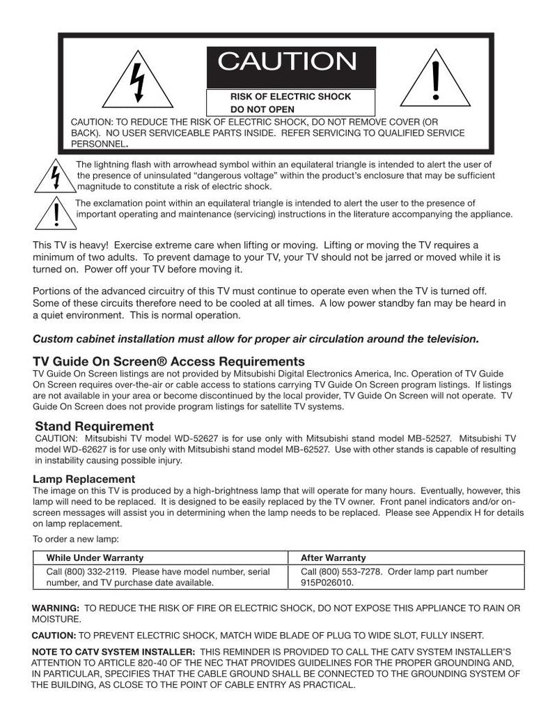 Mitsubishi WD52627 WD62627 TV Operating Manual