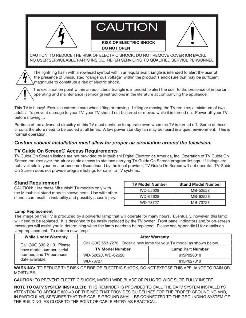 Mitsubishi WD52628 WD62628 WD73727 TV Operating Manual