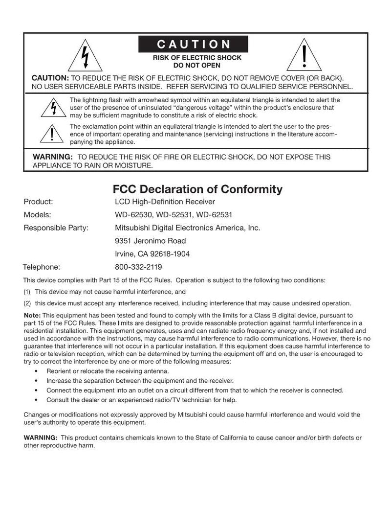 Mitsubishi WD52531 WD62530 WD62531 TV Operating Manual