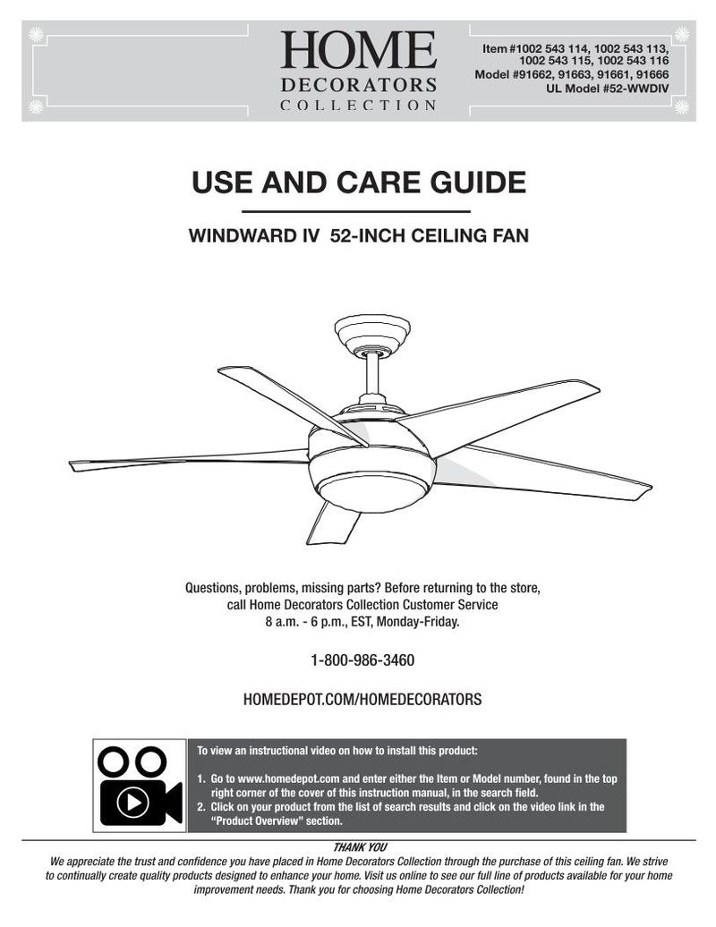 Hampton Bay 91661 Windward IV 52inch Ceiling Fan 91662 Operating Manual