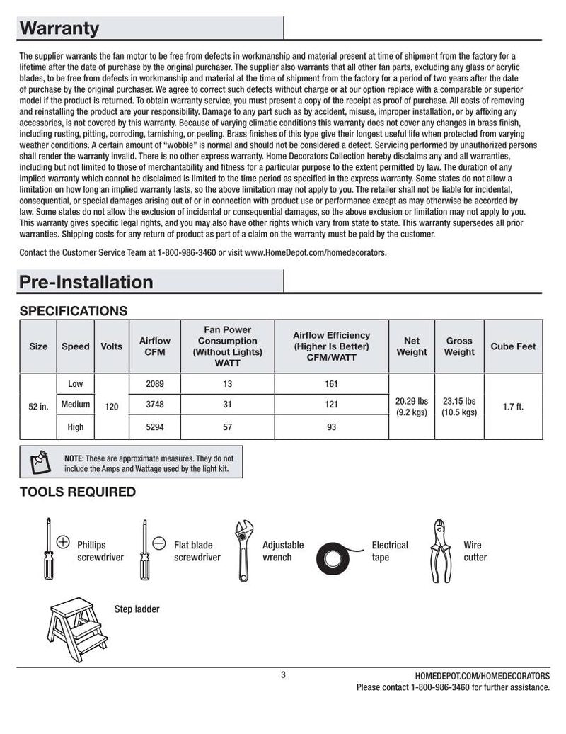 Hampton Bay 91661 Windward IV 52inch Ceiling Fan 91662 Operating Manual