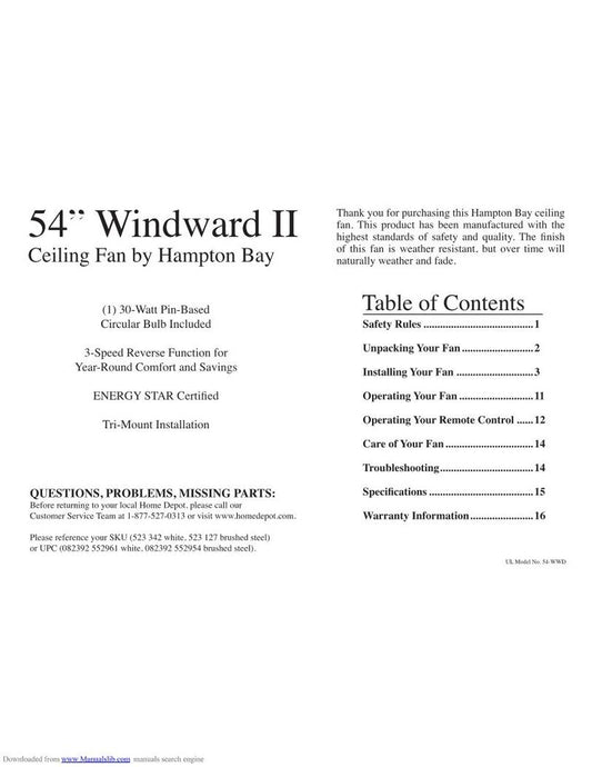 Hampton Bay 55295 Windward II 54 in. Brushed Steel Ceiling Fan Ceiling Fan Operating Manual