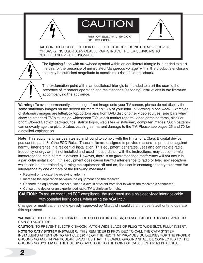 Mitsubishi WS48511 WS55511 WS55711 TV Operating Manual