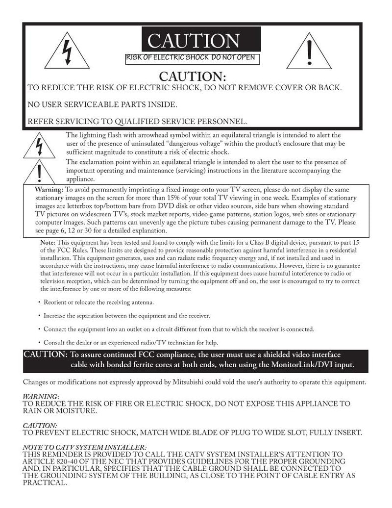 Mitsubishi WS48313 WS55313 WS65313 TV Operating Manual