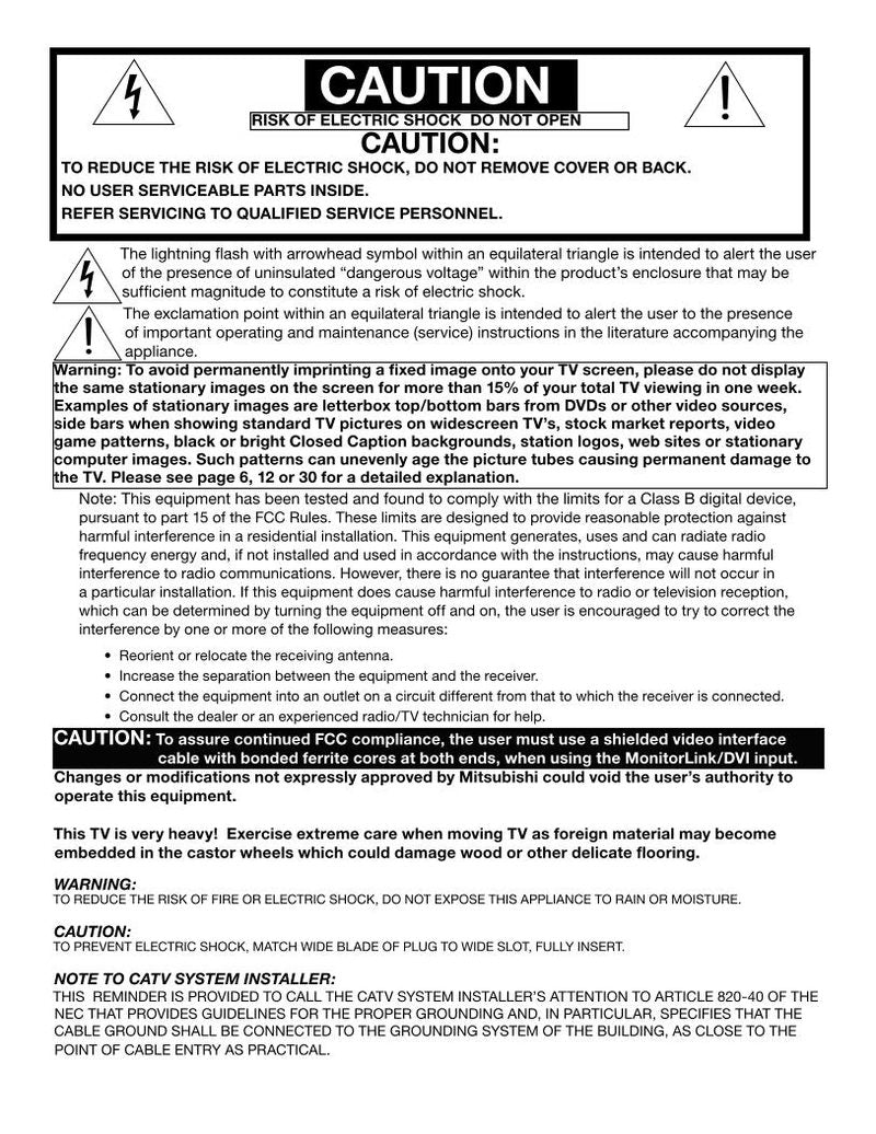 Mitsubishi WS48315 WS55315 WS65315 TV Operating Manual