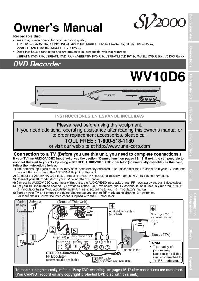 Funai WV10D6 DVD Recorder (DVDR) Operating Manual