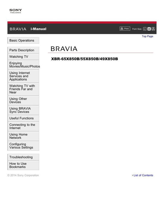 Sony XBR49X850B XBR55X850B XBR65X850B TV Operating Manual