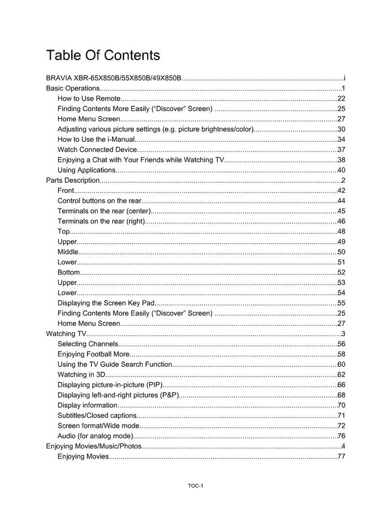 Sony XBR49X850B XBR55X850B XBR65X850B TV Operating Manual