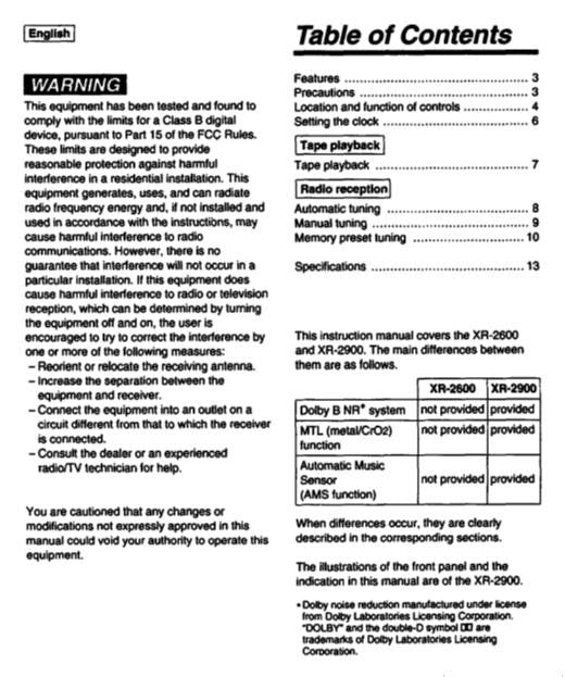 Sony R2600 Audio System Operating Manual