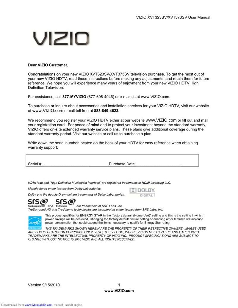 Vizio XVT323SV TV Operating Manual