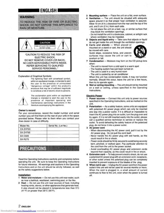 Aiwa CXZHT63 Audio System Operating Manual